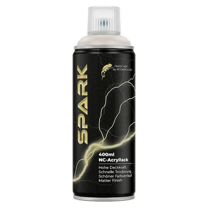 Spark Farbspray Sprühfarbe 400ml Matte Farbe Lichtgrau - Lichtgrau, Sprühdose - Abbildung einer Dose SPARK NC-Acryllack Sprühfarbe mit künstlerischem Design, ideal für kreative Projekte und zur Oberflächenveredelung.