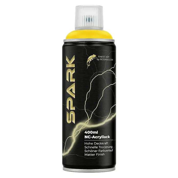 Spark Farbspray Sprühfarbe 400ml Matte Farbe Blitzgelb - Blitzgelb, Sprühdose - Abbildung einer SPARK NC-Acryllack-Sprühdose in Schwarz und Gelb mit einem Chamäleon-Logo und Blitzdesign.