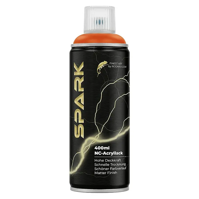 Spark Farbspray Sprühfarbe 400ml Matte Farbe Orange - Orange, Sprühdose - Abbildung einer Sprühdose SPARK NC-Acryllack, 400 ml. Hochdeckend, schnelle Trocknung, schöner Farbverlauf, mattes Finish für perfekte Ergebnisse.