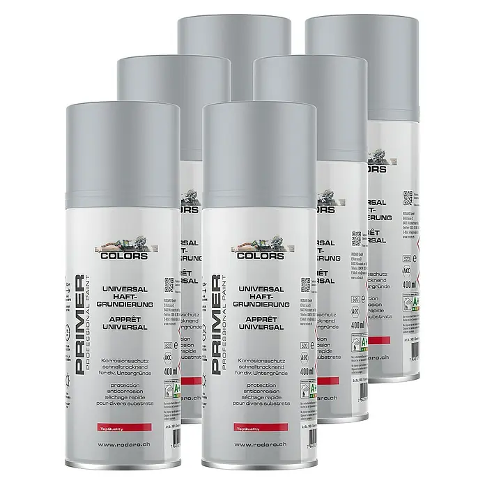 Colors Farbspray Universalgrundierung Sprühlack 6er Set 400ml Grau - Grau, Sprühdose - Sechs Dosen Universal Haftgrundierung von Rodard, ideal für vielfältige Untergründe und zum schnellen Trocknen mit Korrosionsschutz.