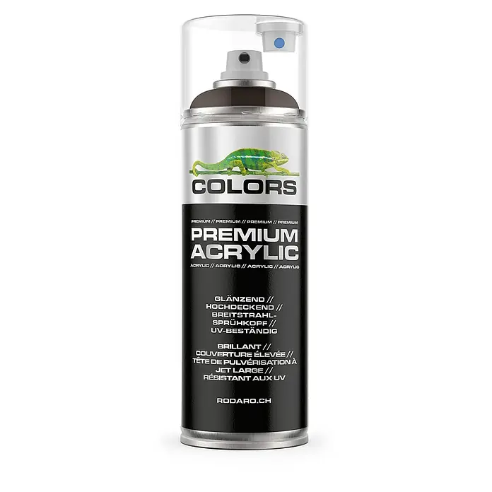 Colors Farbspray Premium Acrylic Sprühfarbe 400ml RAL 8017 Schokobraun Glanz - RAL 8017 - Schokobraun Glanz, Sprühdose - Produktbild einer Sprühdose Premium Acryl Colors mit Chamäleon-Motiv. Das Spray ist glänzend, hochdeckend und UV-beständig.