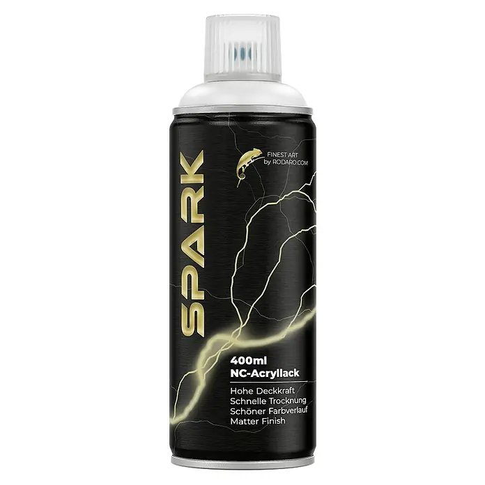 Spark Farbspray Sprühfarbe 400ml Matte Farbe Reinweiss - Reinweiss, Sprühdose - Abbildung einer Spraydose "Spark NC-Acryllack" mit einer Füllmenge von 400 ml. Sie verspricht hohe Deckkraft, schnelle Trocknung und ein mattes Finish.
