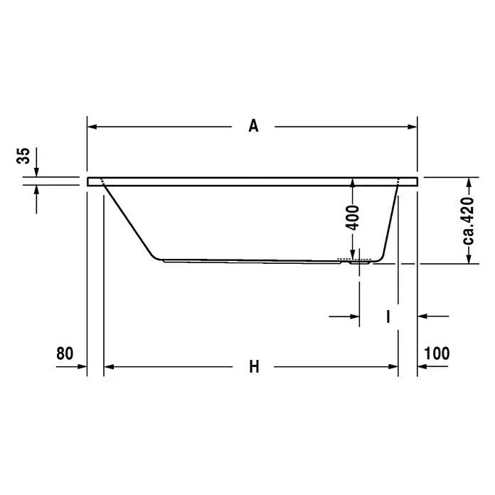 Duravit D-Code Badewanne - 160 x 70 cm, Sanitäracryl, Weiß, Position Ablauföffnung: Fußende - Technische Zeichnung einer Badewanne mit Bemaßungen.