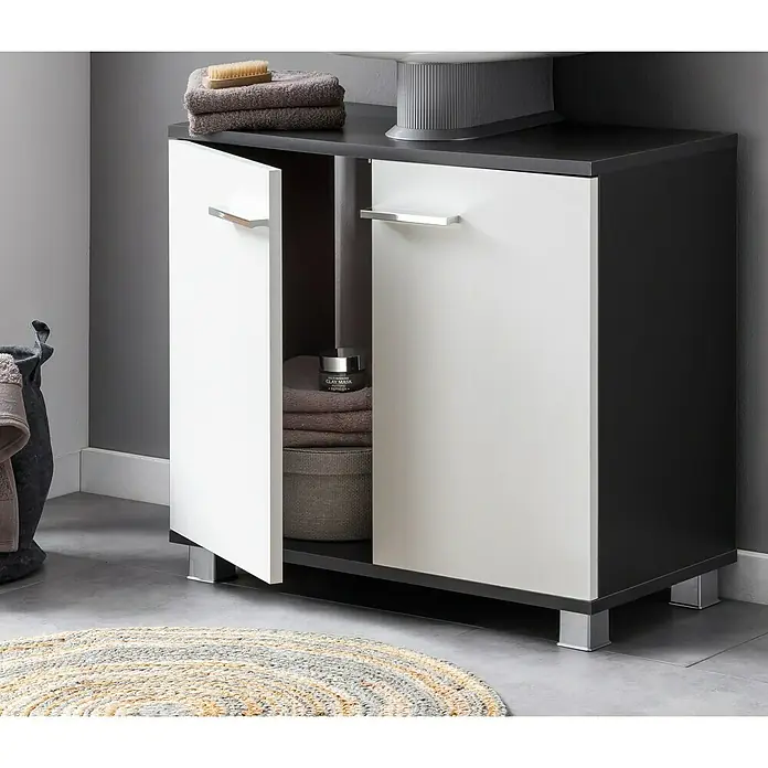 Riva Badmöbel-Set Stable - 65 cm, Weiß/Anthrazit, Matt - Ein Badezimmerschrank in Weiß und Grau mit geöffneter Tür, der Stauraum und Ordnung im Badezimmer bietet.