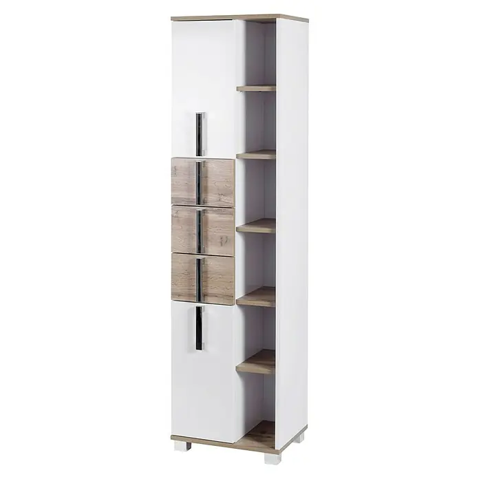 Schildmeyer Luca Hochschrank - 42 x 32 x 164 cm, Weiß/Wotaneiche - Stilvolles, weißes Möbelstück mit Holzschubladen und Regalen. Ideal für moderne Wohnräume und bietet praktische Aufbewahrungslösungen.