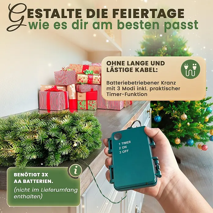 ArtiTree Adventskranz Spritzguss LED - Durchmesser: 120 cm - Produktbild mit batteriebetriebenem Kranz mit 3 Modi und praktischer Timer-Funktion, der eine festliche Atmosphäre schafft.