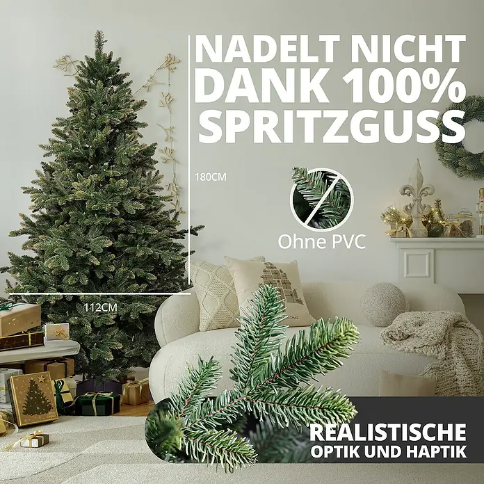 ArtiTree Künstlicher Weihnachtsbaum Nordmanntanne LED - Höhe: 180 cm, Grün, Standfuß - Hochwertiger, detailreicher Tannenbaum mit naturgetreuer Optik und Haptik, gefertigt aus 100% Spritzguss und ohne PVC.
