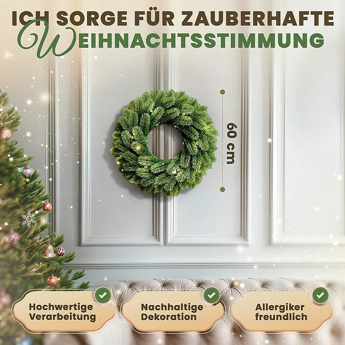 ArtiTree Adventskranz Spritzguss - Durchmesser: 80 cm - Festlicher Türkranz mit Lichtern, der eine zauberhafte Weihnachtsstimmung verbreitet.