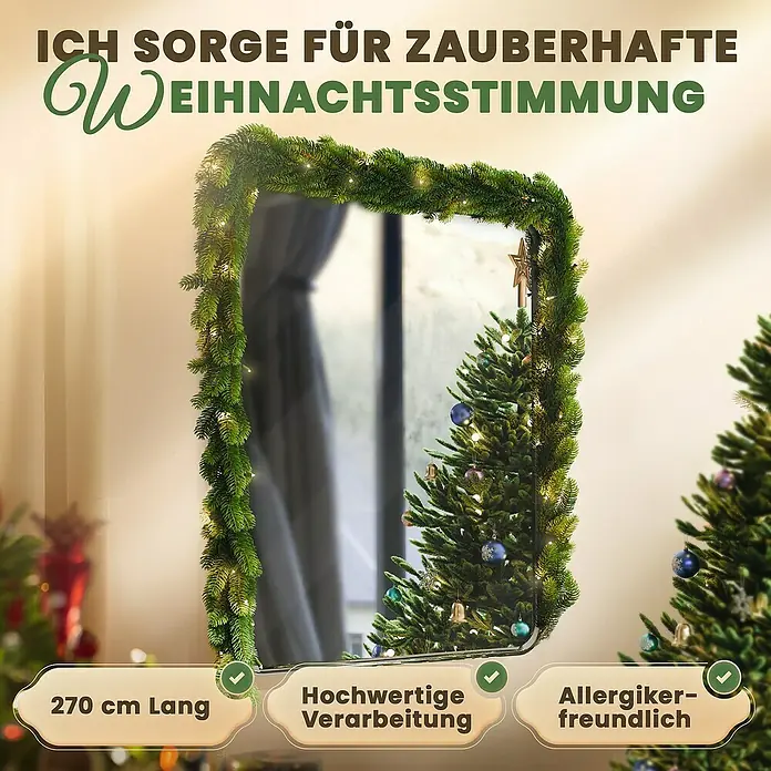 ArtiTree Weihnachtsgirlande Spritzguss LED - Ø x L: 30 cm x 2,7 m, Kunststoff, Warmweiß - Festliche Weihnachtsstimmung mit einer 270 cm langen, hochwertig verarbeiteten und allergikerfreundlichen Tannengirlande.