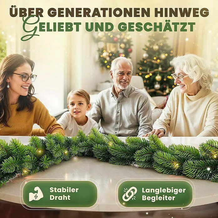 ArtiTree Weihnachtsgirlande Spritzguss LED - Ø x L: 30 cm x 5 m, Kunststoff, Warmweiß - Mehrgenerationen-Familie umgeben von einer festlichen Tannengirlande mit Lichtern, die auf einem Tisch liegt.