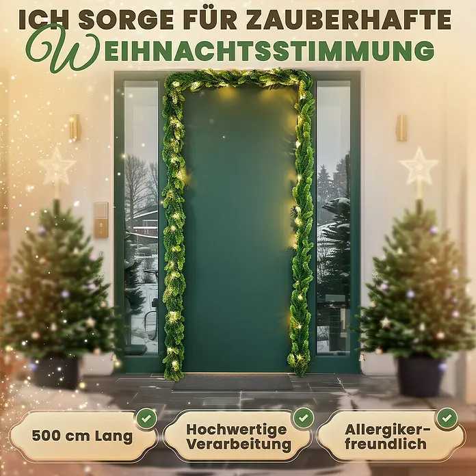 ArtiTree Weihnachtsgirlande Spritzguss LED - Ø x L: 30 cm x 5 m, Kunststoff, Warmweiß - Festliche Türdekoration mit grüner Girlande und warmen Lichtern, die eine zauberhafte Weihnachtsstimmung erzeugt.