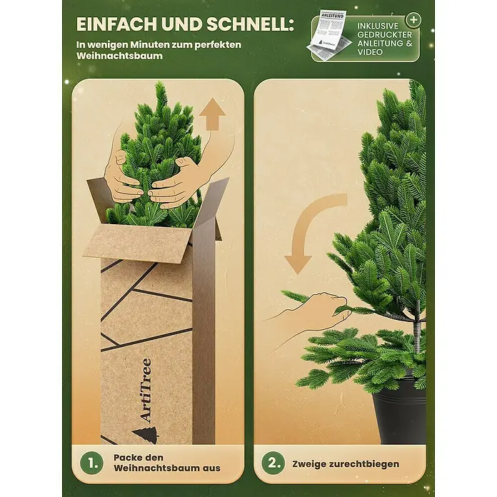 ArtiTree Künstlicher Weihnachtsbaum im Topf LED und Schnee - Höhe: 80 cm, Grün, LED-Beleuchtung - Produktbild eines künstlichen Weihnachtsbaums von ArtiTree mit Montageanleitung für einen schnellen und einfachen Aufbau.