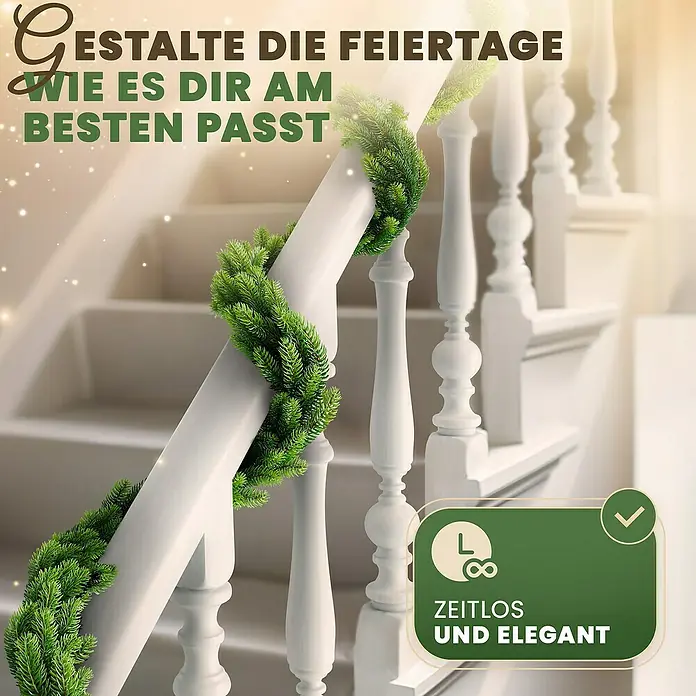 ArtiTree Weihnachtsgirlande Spritzguss LED - Ø x L: 30 cm x 5 m, Kunststoff, Warmweiß - Festliche Treppendekoration mit grüner Girlande. Zeitlose Eleganz für ein stimmungsvolles Weihnachtsfest, die sich Ihren Wünschen anpasst.