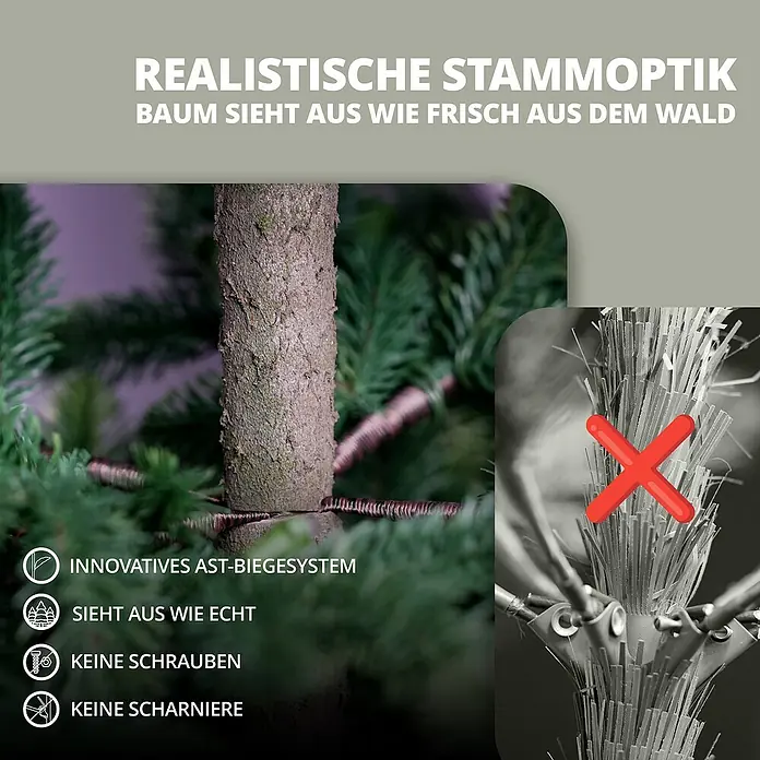 ArtiTree Künstlicher Weihnachtsbaum Nordmanntanne LED - Höhe: 180 cm, Grün, Standfuß - Detailaufnahme eines künstlichen Weihnachtsbaums, der eine realistische Stammoptik und ein innovatives Ast-Biegesystem zeigt.