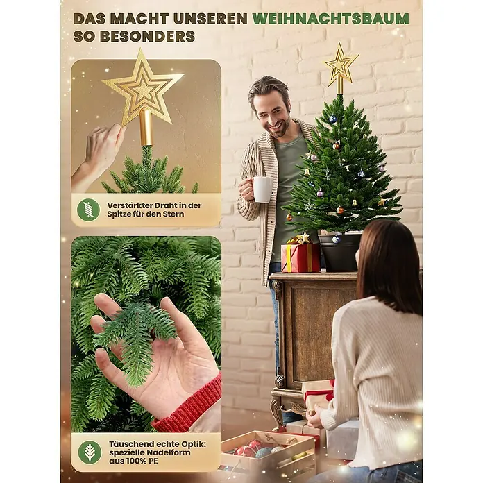 ArtiTree Künstlicher Weihnachtsbaum im Topf LED und Schnee - Höhe: 80 cm, Grün, LED-Beleuchtung - Weihnachtliche Szene mit einem geschmückten Tannenbaum mit goldenem Stern, der die festliche Atmosphäre unterstreicht.