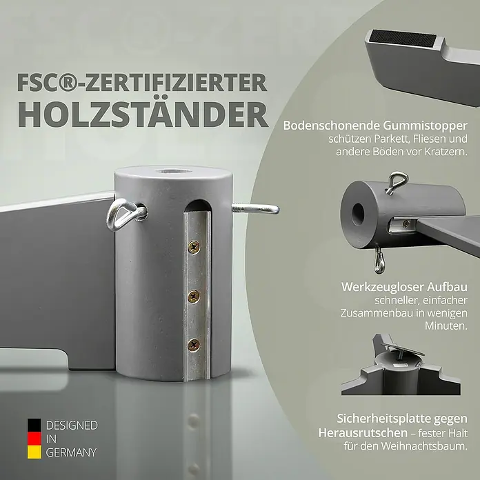 ArtiTree Künstlicher Weihnachtsbaum Nordmanntanne LED - Höhe: 180 cm, Grün, Standfuß - Detailaufnahme eines FSC®-zertifizierten Holzständer für Weihnachtsbäume mit bodenschonenden Gummistoppern und Sicherheitsplatte.