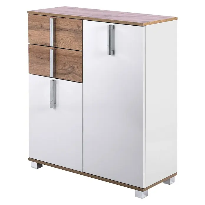 Schildmeyer Luca Unterschrank - 81 x 32 x 95 cm, Weiß/Wotaneiche - Modernes Sideboard in Weiß und Holzoptik mit zwei Schubladen und zwei Türen, ideal für Wohn- und Esszimmer.