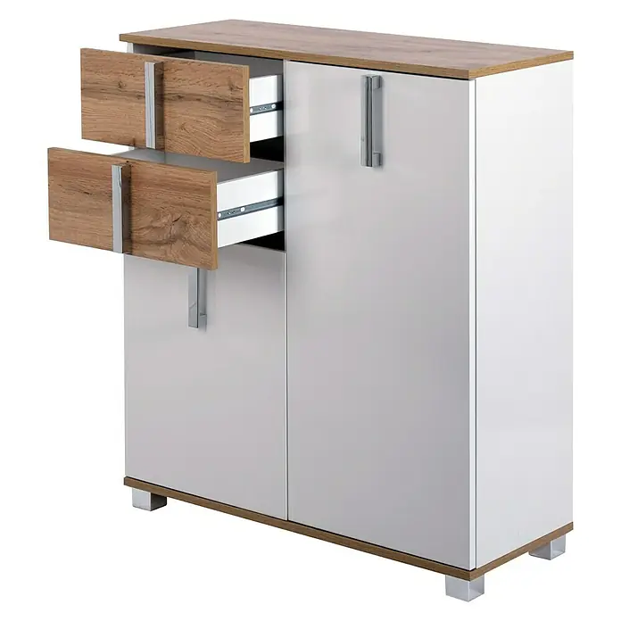 Schildmeyer Luca Unterschrank - 81 x 32 x 95 cm, Weiß/Wotaneiche - Das Bild zeigt ein modernes Sideboard mit zwei Schubladen und zwei Türen in Weiß und Holzoptik. Die Schubladen sind teilweise geöffnet.