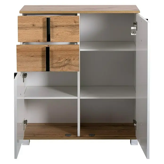 Schildmeyer Luca Unterschrank - 81 x 32 x 95 cm, Weiß/Wotaneiche - Schrank mit zwei Schubladen und zwei Türen, gefertigt aus Holz. Der Schrank bietet zusätzlichen Stauraum im Wohnbereich.