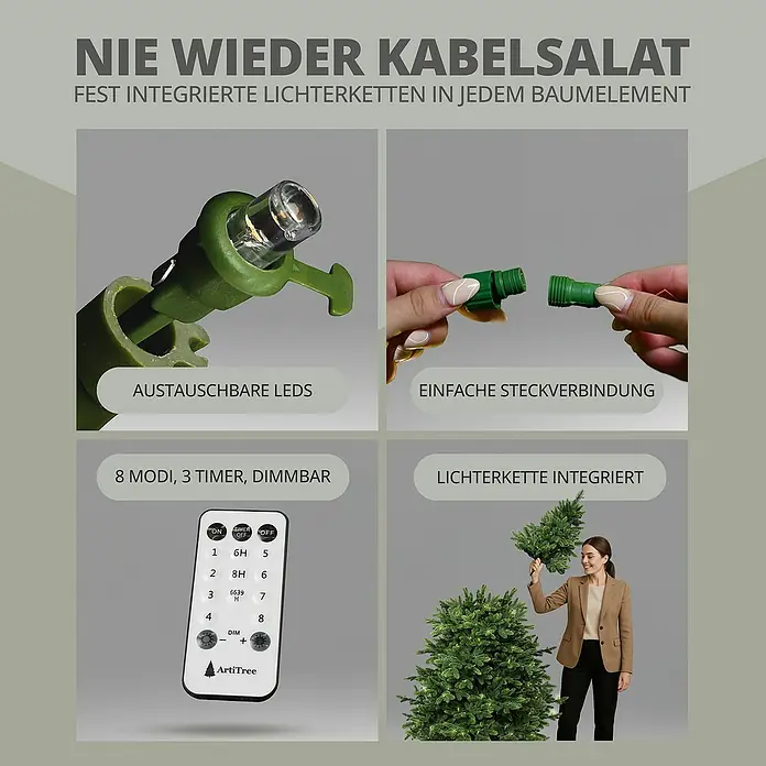 ArtiTree Künstlicher Weihnachtsbaum Nordmanntanne LED - Höhe: 180 cm, Grün, Standfuß - Produktmerkmale: Kein Kabelsalat mehr, austauschbare LEDs, einfache Steckverbindung, 8 Modi, 3 Timer, dimmbar, integrierte Lichterkette.
