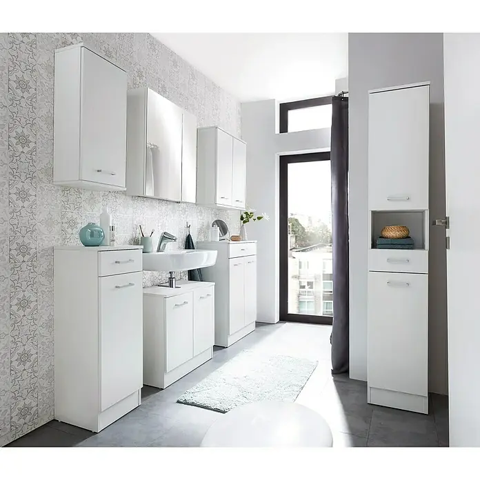 Schildmeyer Spiegelschrank Basic - B x H: 60 x 70,7 cm, Ohne Beleuchtung, Holz, Weiß - Elegantes Badezimmer-Set in Weiß mit Hänge- und Unterschränken sowie einem Waschtisch. Ideal für ein modernes Bad.