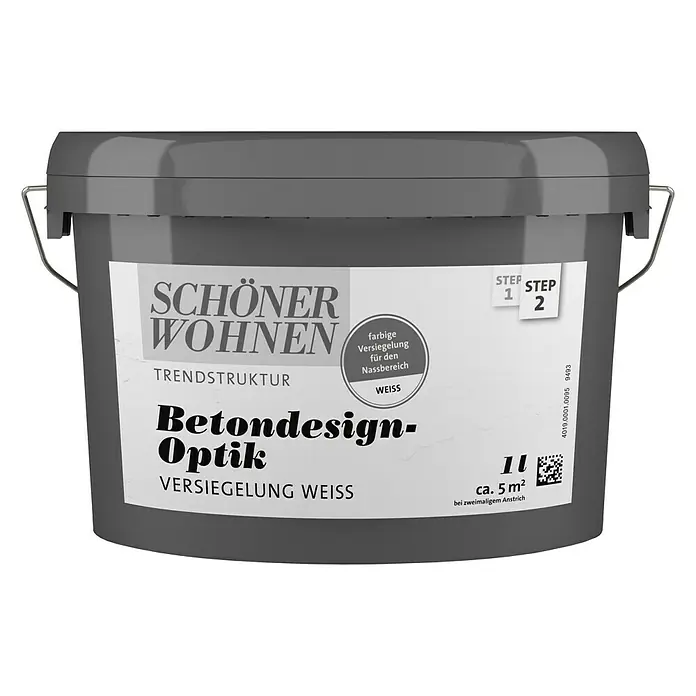SCHÖNER WOHNEN-Farbe Betondesign-Optik Versiegelung - Weiß, 1 l, Passend für: SCHÖNER WOHNEN-Farbe Betondesign-Optik Flächenspachtel - Abbildung eines Eimers Schöner Wohnen Betondesign-Optik Versiegelung Weiss für trendige Betonoptik im Innenbereich.