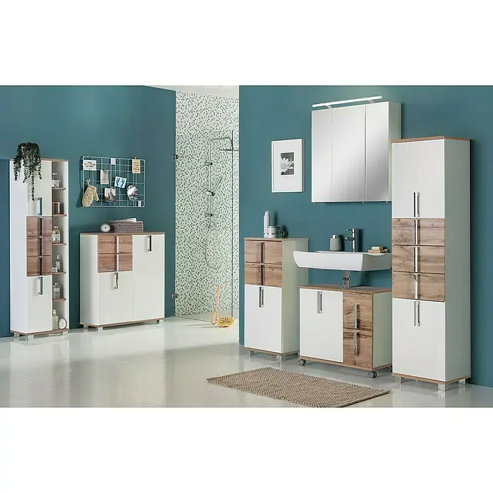 Schildmeyer Luca Unterschrank - 40 x 32 x 95 cm, Weiß/Wotaneiche - Badezimmermöbel-Set in Weiß und Holzoptik, bestehend aus Schränken, Waschbeckenunterschrank und Hochschrank für ein modernes Badambiente.
