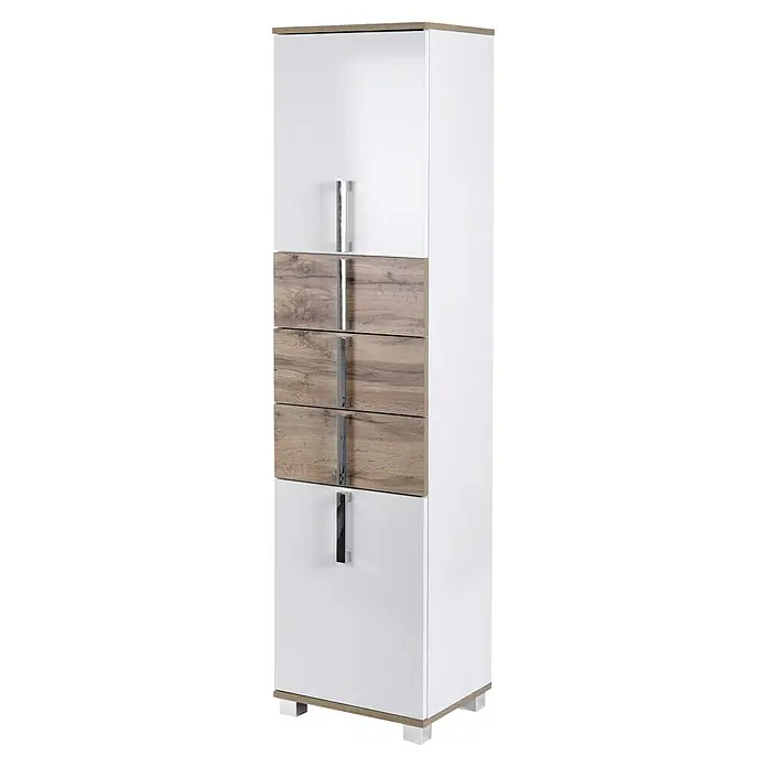 Schildmeyer Luca Hochschrank - 40 x 32 x 174 cm, Weiß/Wotaneiche - Hochformatiger Schrank mit weißen und holzfarbenen Elementen und silbernen Griffen. Moderne Möbel für stilvolle Einrichtung.