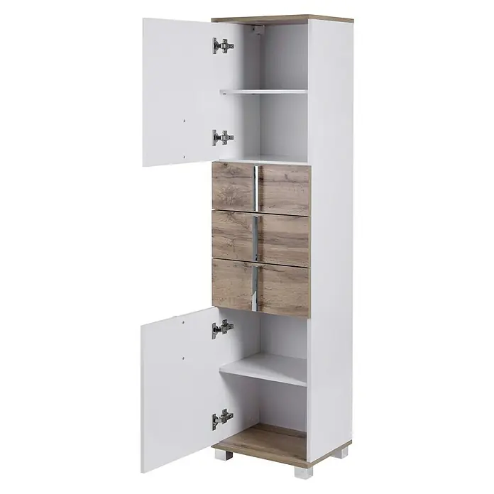 Schildmeyer Luca Hochschrank - 40 x 32 x 174 cm, Weiß/Wotaneiche - Ein weißer Badezimmerschrank mit offenen Türen und Holzschubladen ist auf diesem Foto zu sehen.