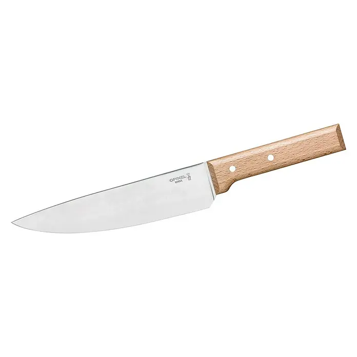 Opinel Parallele Chefmesser - Klingenlänge: 200 mm - Bild einer Opinel Gemüsemesser mit glatter, rostfreier Klinge und hellem Holzgriff, ideal zum Schneiden in der Küche.