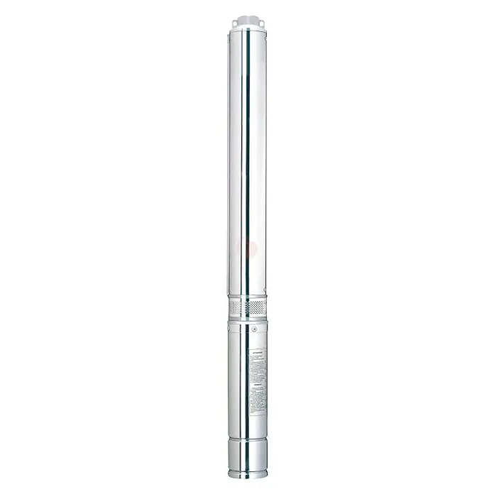 Espa Leader Bomba de pozo Saturn4 - 1.900 W, Capacidad de bombeo máx.: 6.000 l/h, Acero inoxidable - En la imagen, una bomba de pozo sumergible, larga y plateada. Es elegante y cilíndrica, ideal para la extracción de agua.