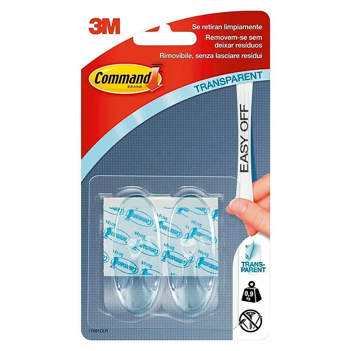 3M Command Colgador adhesivo 17091CLR - Plástico, Transparente - Un paquete de colgadores transparentes Command con tiras adhesivas para colgar objetos de hasta 0,9 kg.