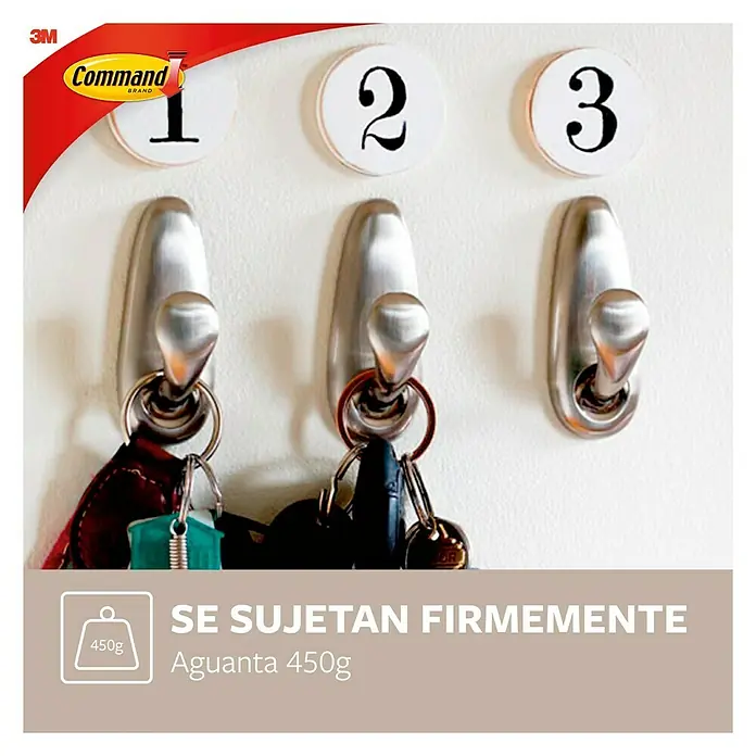 3M Command Colgador adhesivo FC13-BN - Metal, Níquel - Ganchos Command con llaves, sujetos firmemente a la pared, etiquetados con los números 1, 2 y 3 para organización.