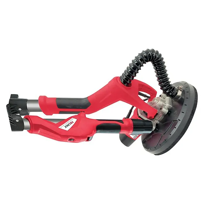 Berg Tecmix Wand- & Deckenschleifer TM LHS 710 D - 230 V, 710 W, Durchmesser Schleifteller: 225 mm - Das Bild zeigt einen Deckenschleifer mit Teleskopstiel in Rot und Schwarz, der für Schleifarbeiten an Decken und Wänden verwendet wird.