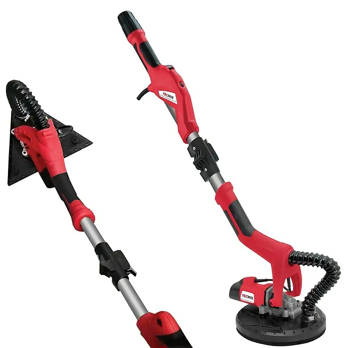 Berg Tecmix Wand- & Deckenschleifer TM LHS 710 D - 230 V, 710 W, Durchmesser Schleifteller: 225 mm - Zwei rote und schwarze Tecmix-Langhalsschleifer mit unterschiedlichen Schleifaufsätzen vor schwarzem Hintergrund.