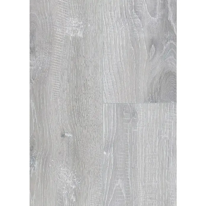 Classen Vinylbodenmuster GreenVinyl Eiche gekalkt Grau - 300 x 173 x 4 mm, Landhausdiele - Nahaufnahme von hellem, grauem Laminatboden mit deutlicher Holzmaserung und feinen Rillen für eine realistische Optik.