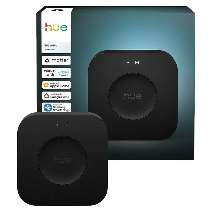 Philips Hue Steuerzentrale Bridge Pro - Schwarz, L x B x H: 9,2 x 9,2 x 2,6 cm - Abbildung des Hue Bridge Pro Smart Hub, eine zentrale Komponente für das Philips Hue Smart Home System, die eine intelligente Steuerung ermöglicht.