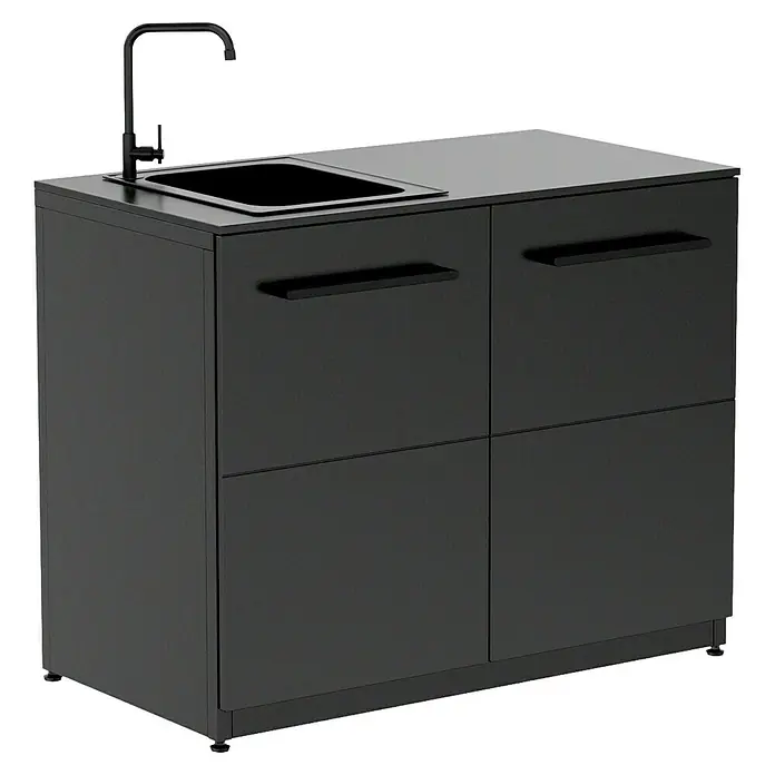 Cozze Elements Arbeitsplatte Spüle - HPL (Hochdrucklaminat), B x T x H: 110 x 60 x 1,5 cm - Schwarzer Küchenunterschrank mit Spüle und Armatur. Das moderne Design bietet praktischen Stauraum und eine stilvolle Ergänzung für jede Küche.
