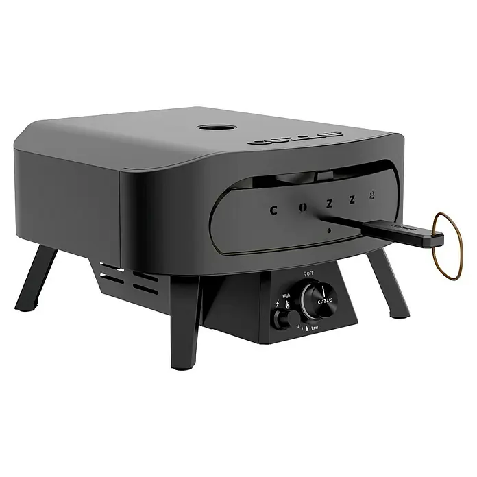 Cozze Pizzaofen Black Edition 13" mit drehbarem Pizzastein - Durchmesser Grillfläche: 34,5 cm, 6 kW - Schwarzer Cozze Pizzaofen mit Temperaturregler. Der Pizzaofen ist kompakt und ideal für Pizza im Freien.