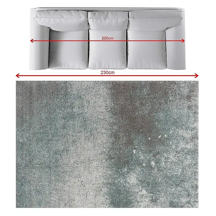 Dekoria Flachgewebeteppich - grau, grün, creme, 230 x 160 cm - Ein weißes Sofa mit den Maßen 200 cm x 230 cm über einem Teppich mit Abnutzungsspuren, ideal für ein modernes Wohnzimmer.