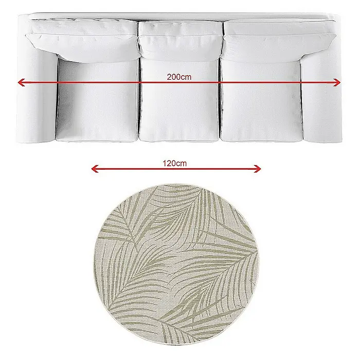 Dekoria Flachgewebeteppich - grün, beige - Ansicht von oben auf ein weißes Sofa mit einer Länge von 200 cm und einen runden Teppich mit einem Durchmesser von 120 cm.