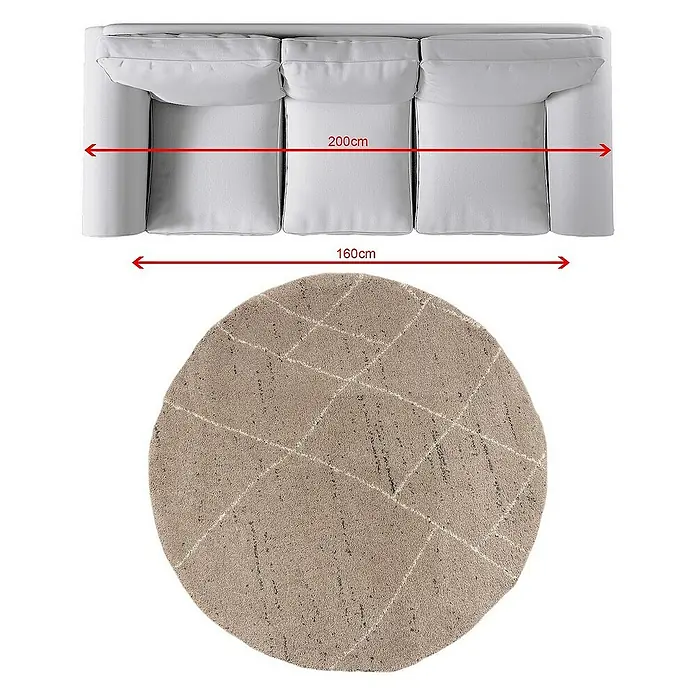 Dekoria Flachgewebeteppich - beige, braun - Abbildung eines grauen Sofas und eines runden Teppichs mit grafischem Muster, ideal für die stilvolle Einrichtung Ihres Wohnzimmers.