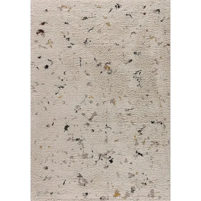 Dekoria Flachgewebeteppich - beige, bunt - Nahaufnahme eines beigefarbenen Teppichs mit unregelmäßigen Farbtupfern in Schwarz, Braun und Gelb. Die Textur des Teppichs ist deutlich erkennbar.