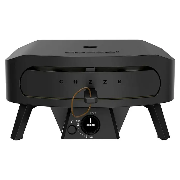 Cozze Pizzaofen Black Edition 17" mit drehbarem Pizzastein - Durchmesser Grillfläche: 43 cm, 8 kW - Nahaufnahme des Cozze Pizzaofens mit Temperaturregler und Bedienfeld, perfekt für Pizza-Enthusiasten.