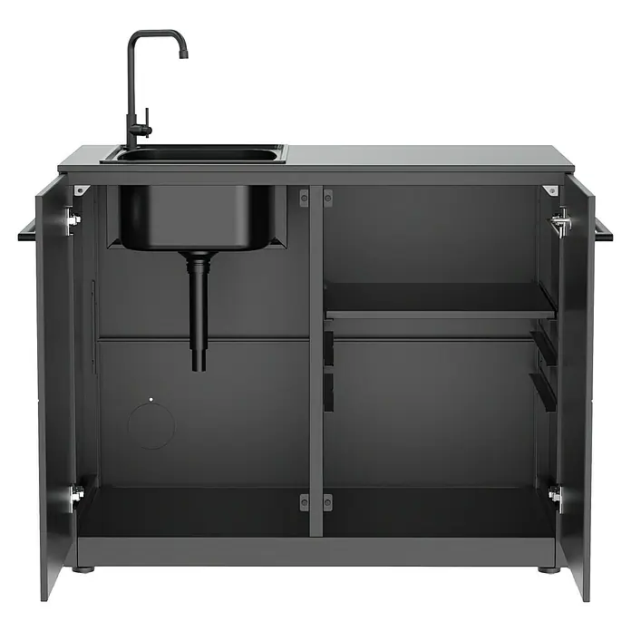Cozze Elements Outdoorküchen-Modul Spüle - Schwarz, B x T x H: 110 x 60 x 88,5 cm, Stahl - Bild eines schwarzen Küchenschranks mit Spüle und offenem Stauraum, ideal für den Außenbereich.