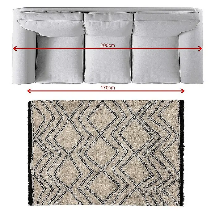 Dekoria Flachgewebeteppich - beige, 170 x 120 cm - Abbildung eines Sofas mit den Maßen 200cm und 170cm und eines Teppichs mit geometrischem Muster.