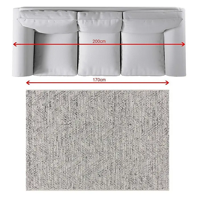 Dekoria Flachgewebeteppich - grau, beige, 170 x 120 cm - Draufsicht eines grauen Sofas und eines grauen Teppichs mit dezentem Muster, die in einem Wohnzimmer platziert werden können.