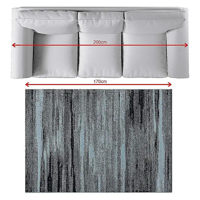 Dekoria Flachgewebeteppich - schwarz, blau, 170 x 120 cm - Abbildung eines grauen Sofas und eines Teppichs mit den Maßen 200 cm bzw. 170 cm zur besseren Orientierung.