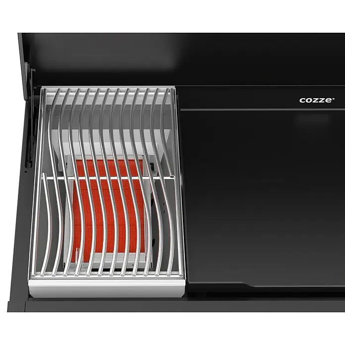 Cozze Plancha-Grill Combo 900 - Grillfläche (B x T): 79,3 x 46,3 cm, 7,5 kW, Anzahl Brenner: 3 Stk. - Nahaufnahme des Cozze-Grills mit Grillrost und roter Heizfläche, ideal zum schnellen und effizienten Pizza backen.