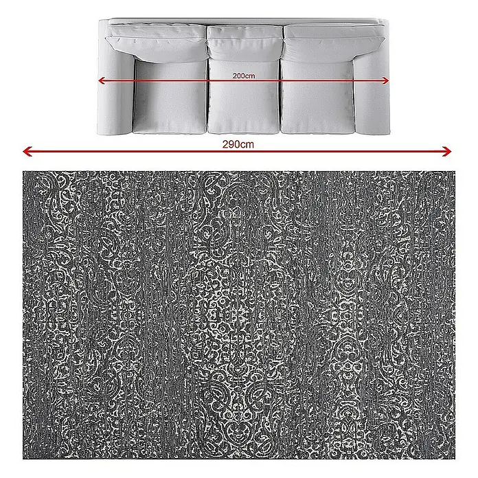 Dekoria Flachgewebeteppich - schwarz, 290 x 200 cm - Sofagröße über einem gemusterten Teppich.